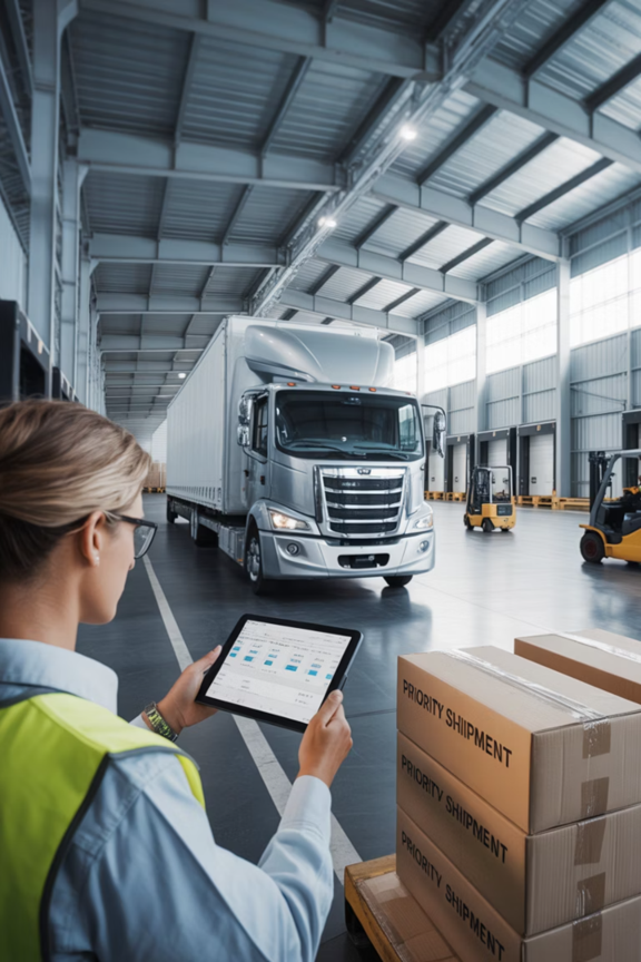 Employée logistique utilisant une tablette devant un camion et des cartons dans un entrepôt