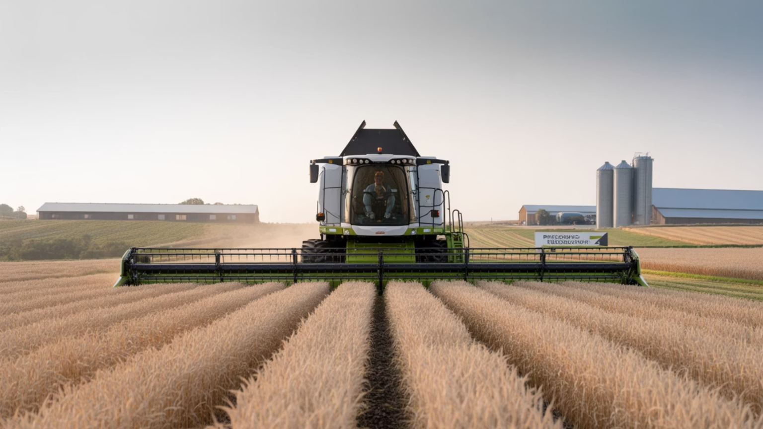 Moissonneuse-batteuse récoltant un champ avec des silos agricoles en arrière-plan