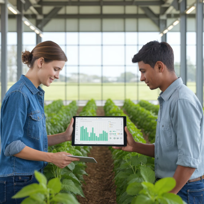 Deux personnes dans une serre analysant des données agricoles affichées sur une tablette