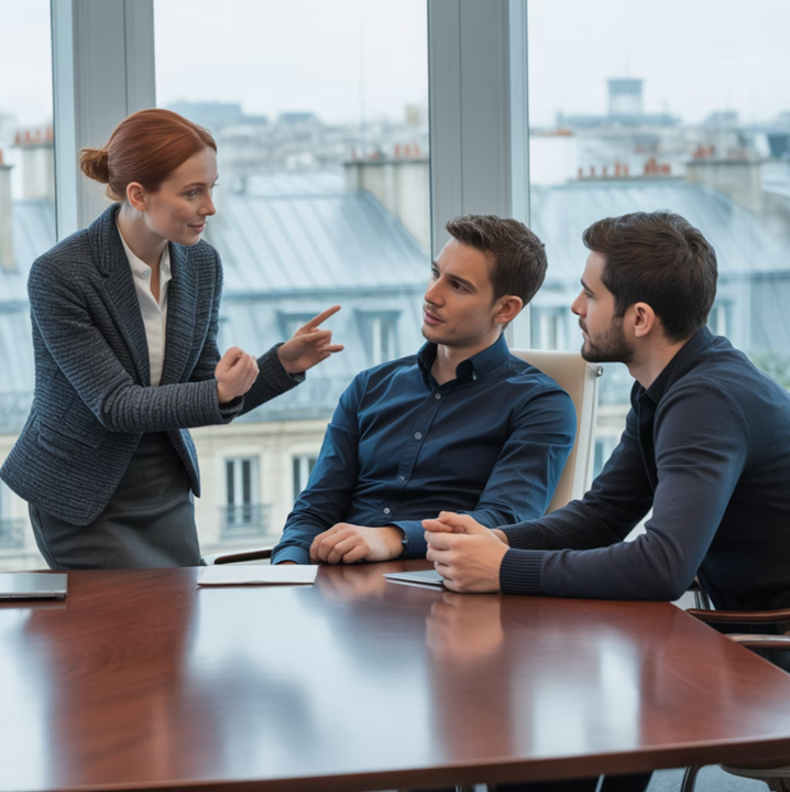 Discussion d'équipe illustrant le conseil et la collaboration en entreprise